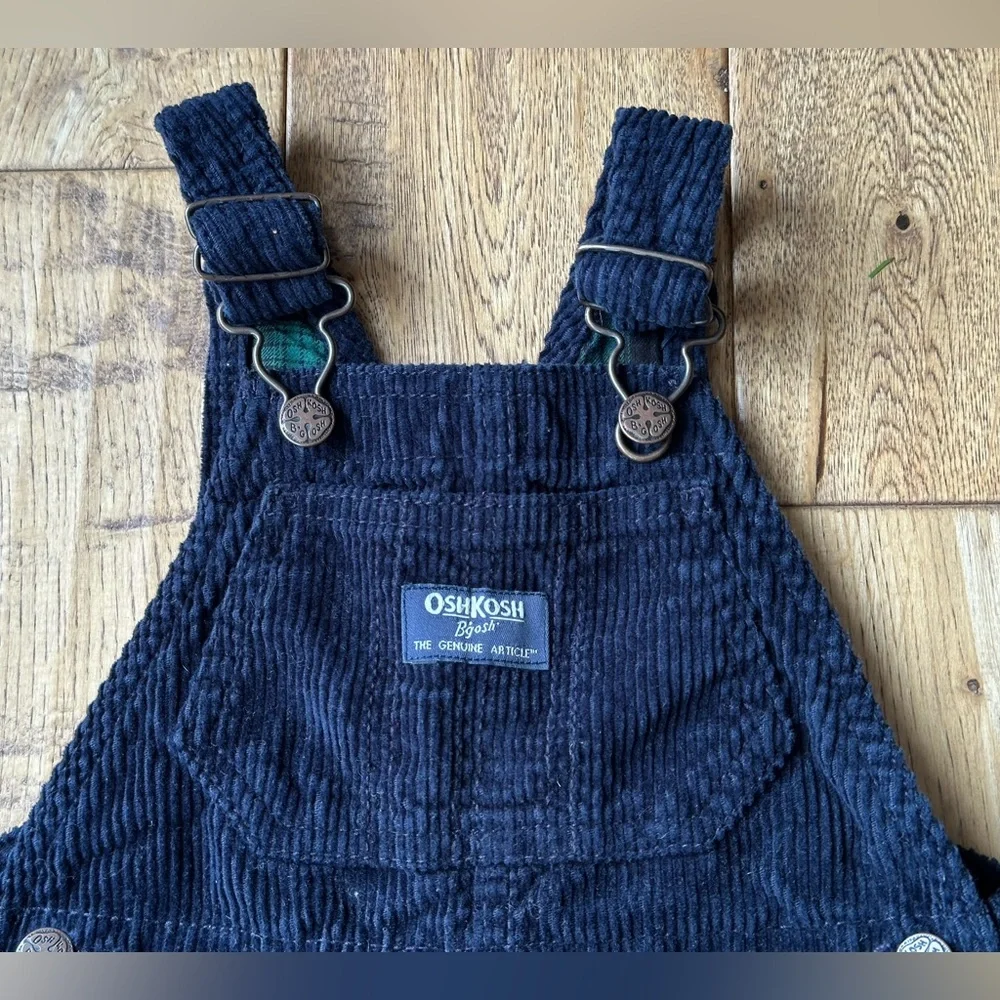 OshKosh B’gosh Navy Blue Corduroy Plaid Lined Overalls size 18 Months